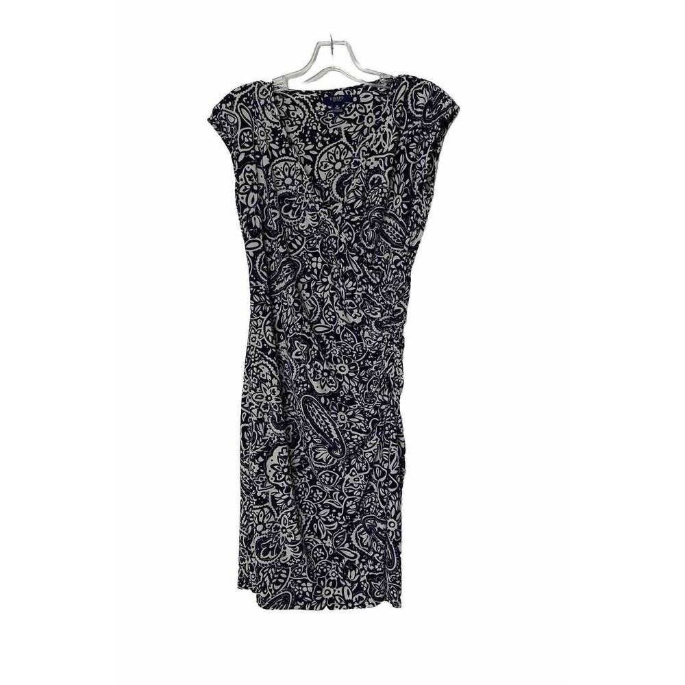 Chaps Ralph Lauren Faux Wrap Dress Navy Blue Paisley Size M Stretch Ruched